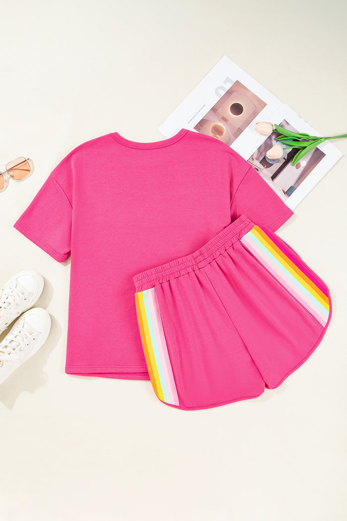 Rose Red Vibrant Striped Detail Athleisure 2pcs Short Set 🇺🇸