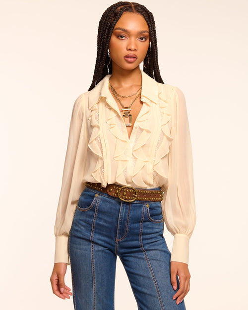 Claire Silk Chiffon Ruffle Button Down Blouse