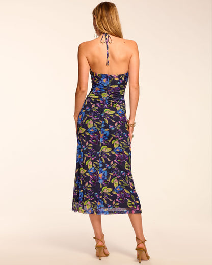 Aveline Mesh Ruched Halter Midi Dress