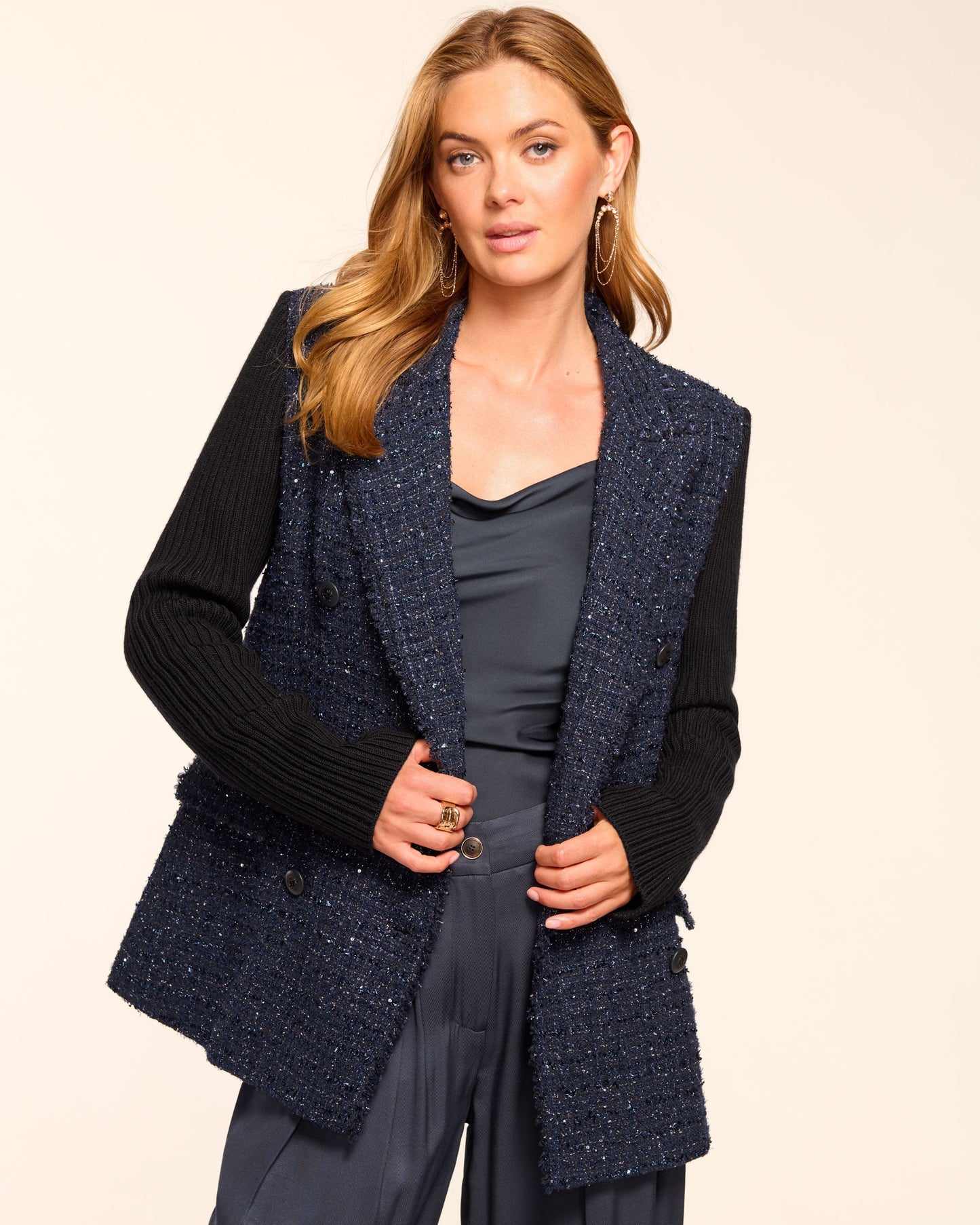 Elsa Tweed Knit Combo Double Breasted Blazer