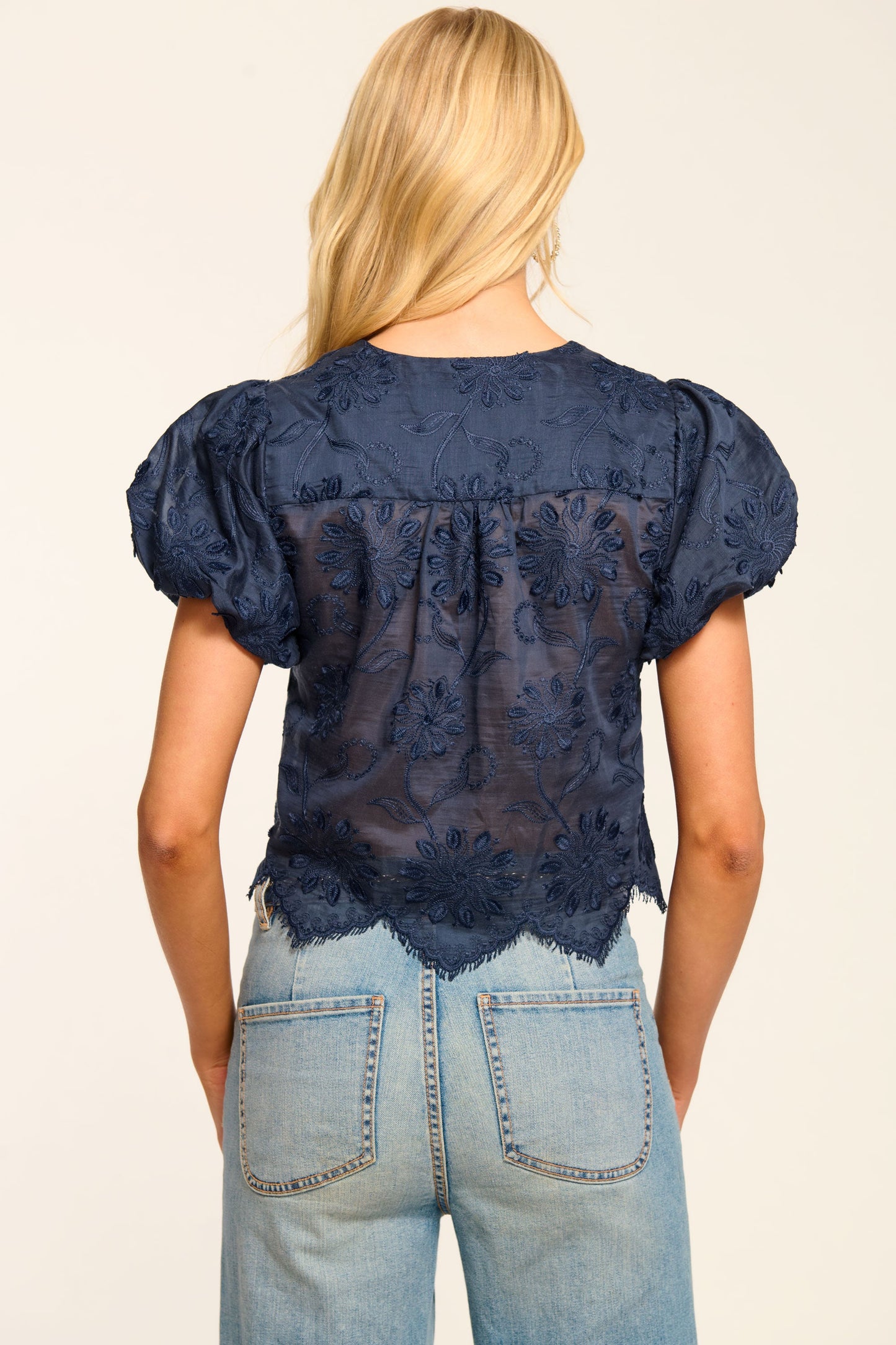 Chrissie Embroidered Organza Short Sleeve Top