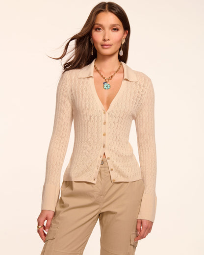 Cathy Pointelle Silk Cashmere Cardigan Sweater | SANDSTONE