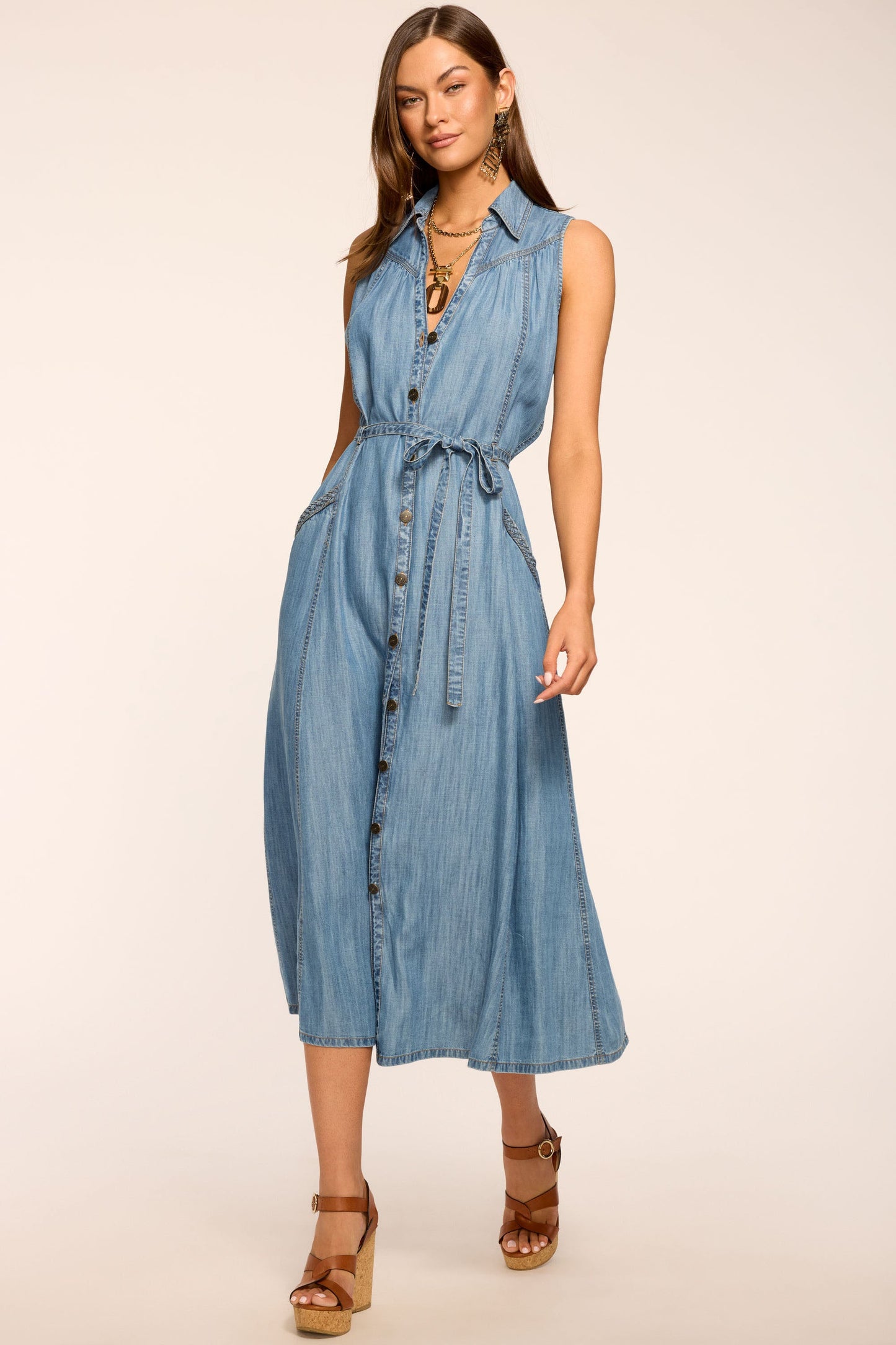 Clover Chambray V-Neck Midi Dress