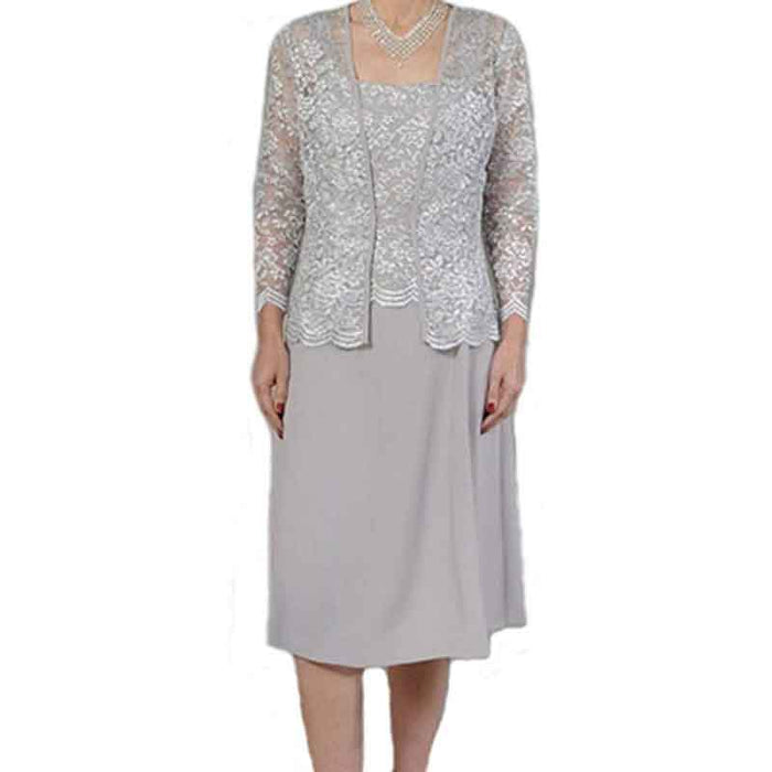 Elegant mother of the bride lace dress with jacket in gray, featuring a flattering silhouette and detailed design.