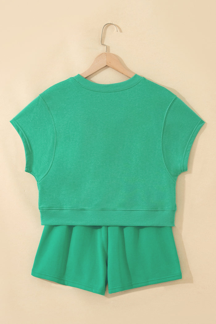 Sea Green Solid Color Loose Tee Drawstring Shorts 2pcs Outfit 🇺🇸