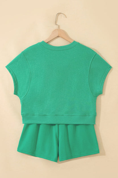 Sea Green Solid Color Loose Tee Drawstring Shorts 2pcs Outfit 🇺🇸