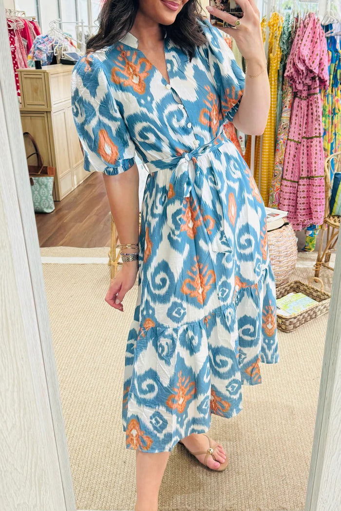 Sky Blue Boho Floral Print Short Puff Sleeve Button Down Ruffle Hem Midi Dress 🇺🇸