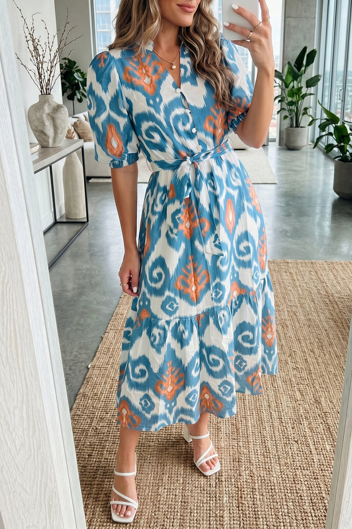 Sky Blue Boho Floral Print Short Puff Sleeve Button Down Ruffle Hem Midi Dress 🇺🇸