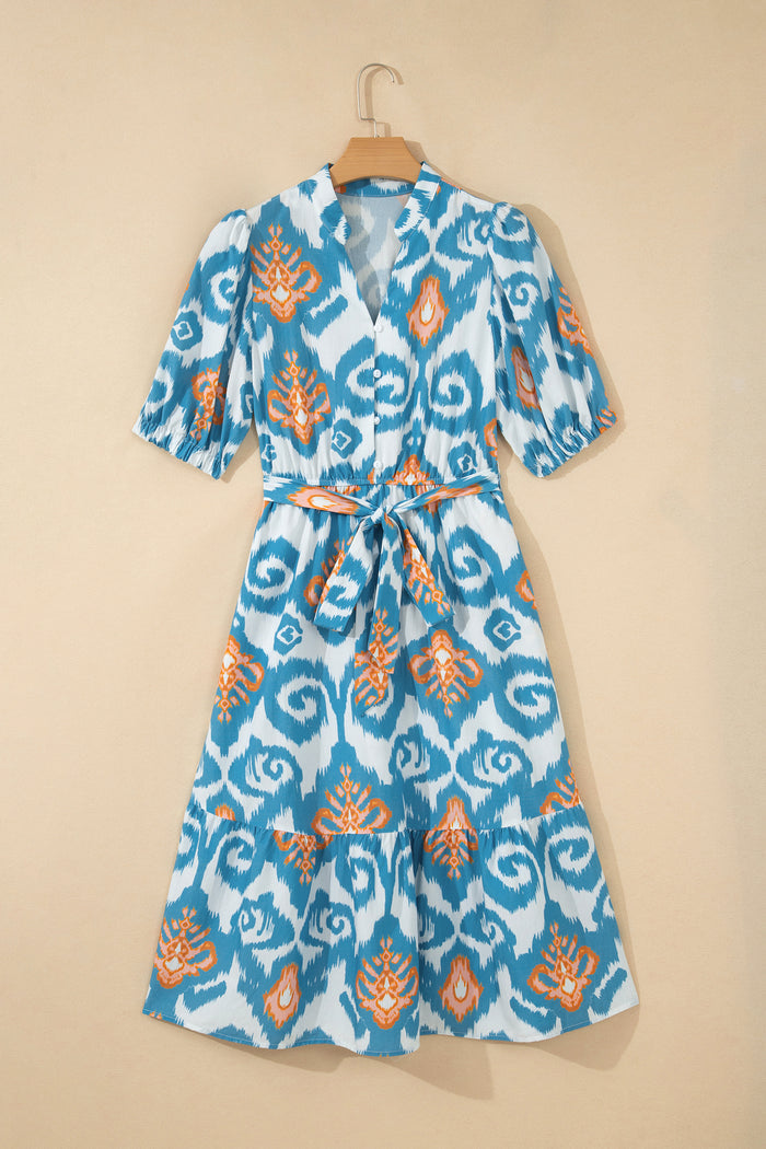 Sky Blue Boho Floral Print Short Puff Sleeve Button Down Ruffle Hem Midi Dress 🇺🇸