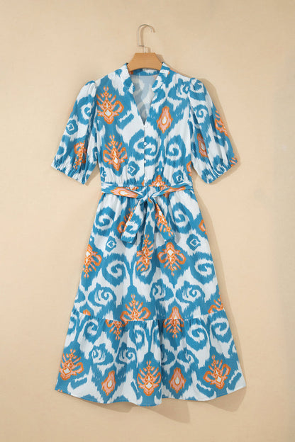 Sky Blue Boho Floral Print Short Puff Sleeve Button Down Ruffle Hem Midi Dress 🇺🇸