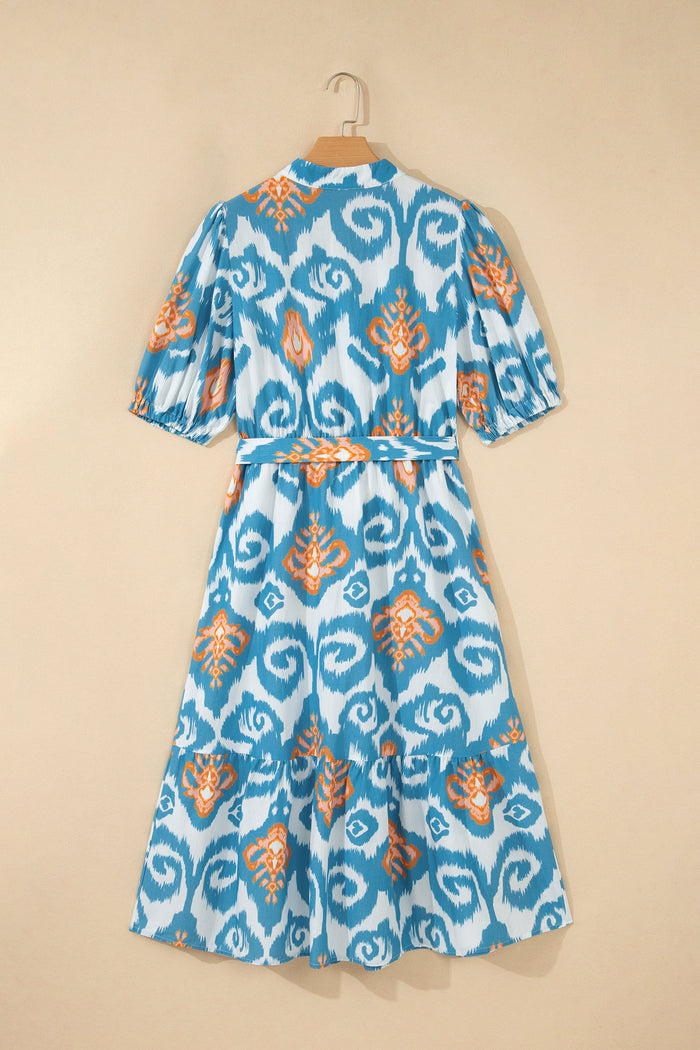 Sky Blue Boho Floral Print Short Puff Sleeve Button Down Ruffle Hem Midi Dress 🇺🇸