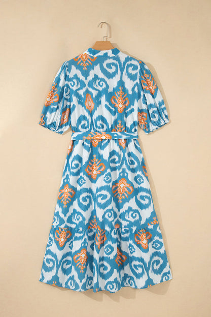 Sky Blue Boho Floral Print Short Puff Sleeve Button Down Ruffle Hem Midi Dress 🇺🇸