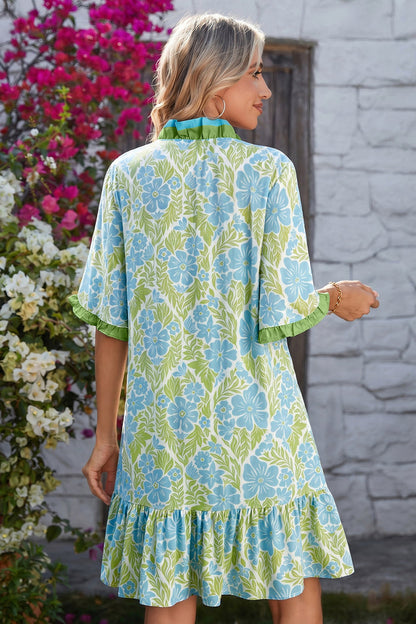 Sky Blue Botanical Floral Print Frilled Trim V Neck Button Front Loose Dress 🇺🇸