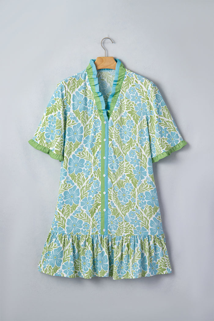 Sky Blue Botanical Floral Print Frilled Trim V Neck Button Front Loose Dress 🇺🇸