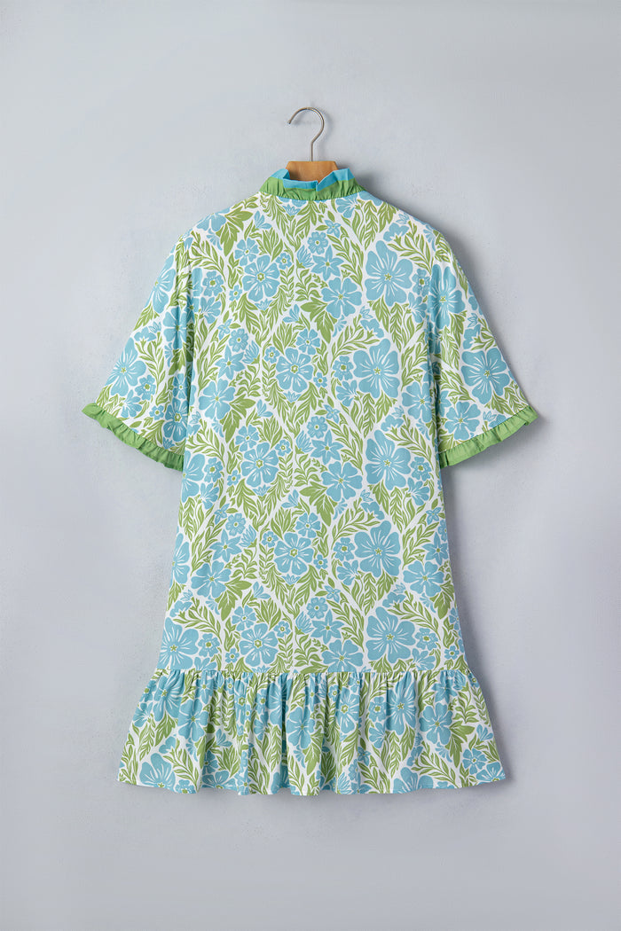 Sky Blue Botanical Floral Print Frilled Trim V Neck Button Front Loose Dress 🇺🇸