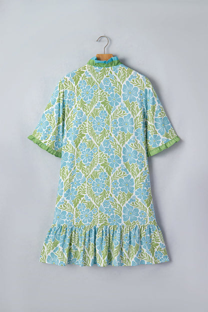 Sky Blue Botanical Floral Print Frilled Trim V Neck Button Front Loose Dress 🇺🇸