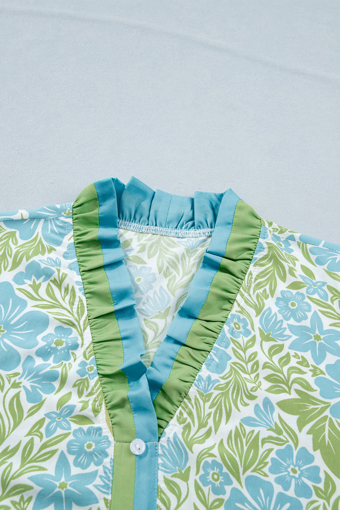 Sky Blue Botanical Floral Print Frilled Trim V Neck Button Front Loose Dress 🇺🇸