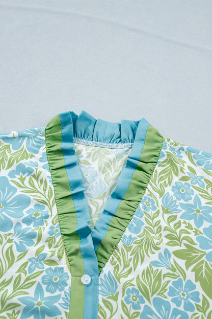 Sky Blue Botanical Floral Print Frilled Trim V Neck Button Front Loose Dress 🇺🇸