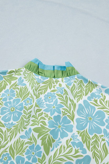 Sky Blue Botanical Floral Print Frilled Trim V Neck Button Front Loose Dress 🇺🇸
