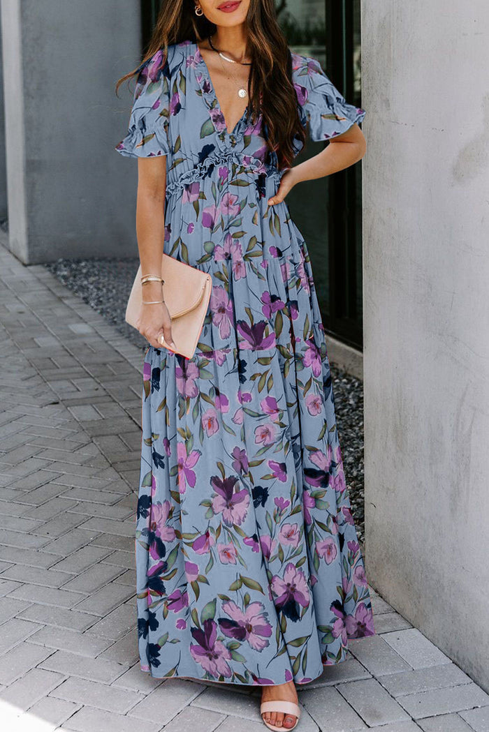 Sky Blue Fiery Floral Print Frilled V Neck Short Sleeve Maxi Dress 🇺🇸