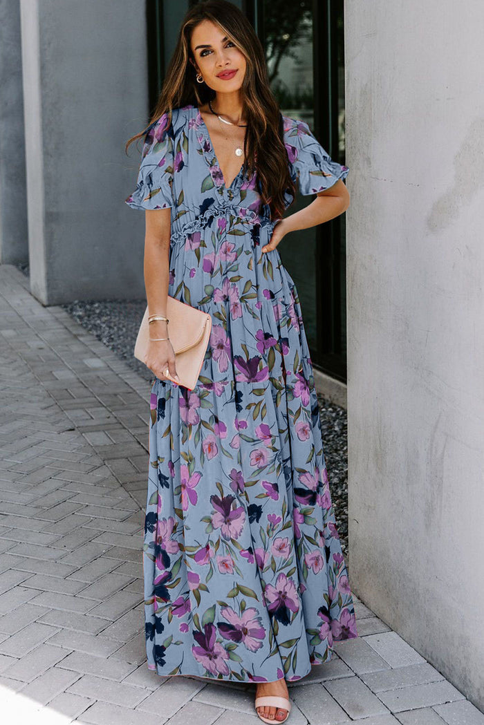 Sky Blue Fiery Floral Print Frilled V Neck Short Sleeve Maxi Dress 🇺🇸