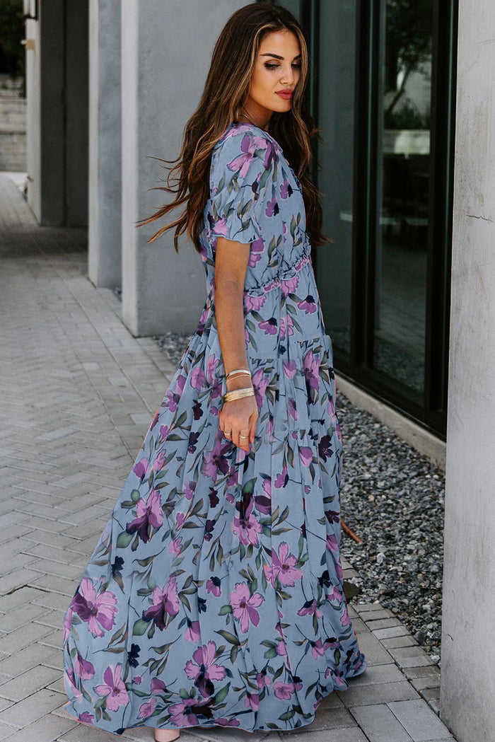 Sky Blue Fiery Floral Print Frilled V Neck Short Sleeve Maxi Dress 🇺🇸