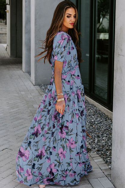 Sky Blue Fiery Floral Print Frilled V Neck Short Sleeve Maxi Dress 🇺🇸