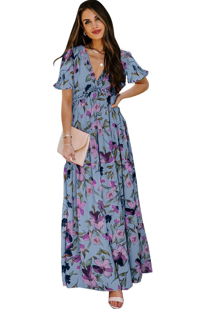 Sky Blue Fiery Floral Print Frilled V Neck Short Sleeve Maxi Dress 🇺🇸
