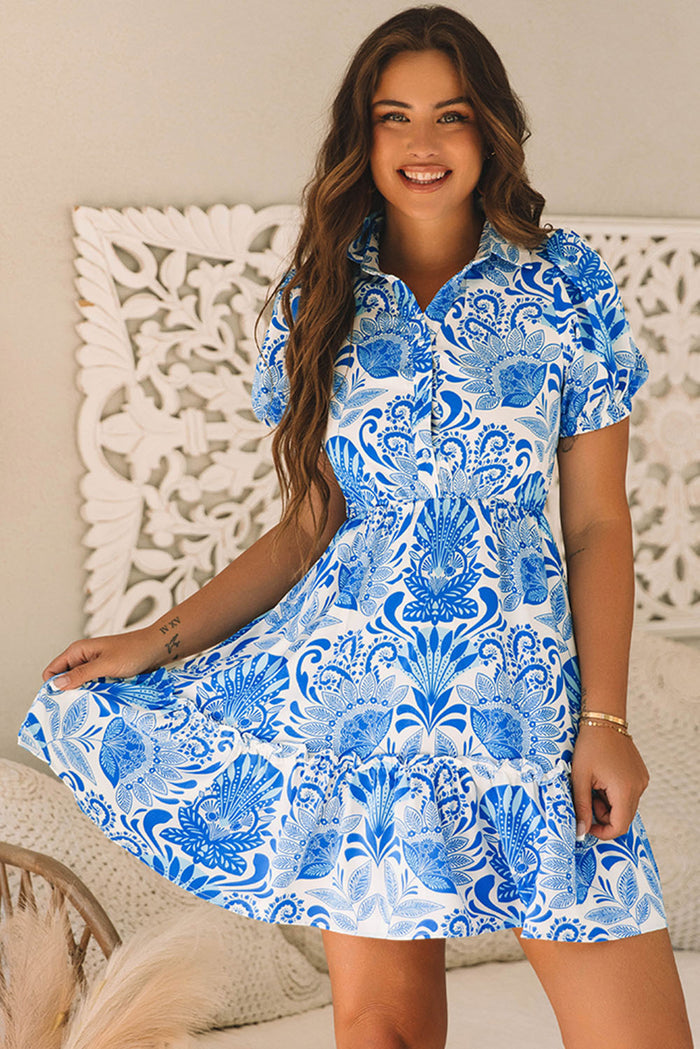 Sky Blue Retro Floral Print Drawstring Waist Ruffled Mini Dress 🇺🇸