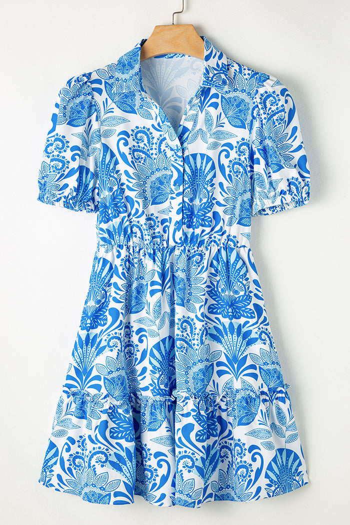Sky Blue Retro Floral Print Drawstring Waist Ruffled Mini Dress 🇺🇸