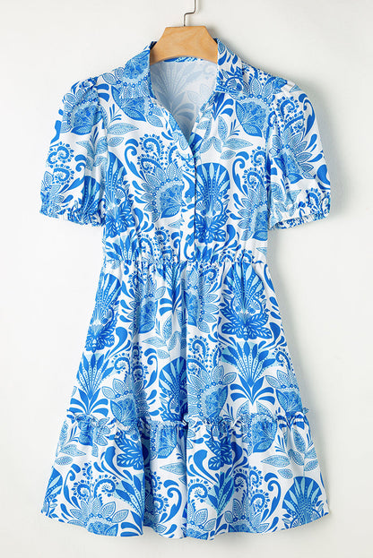 Sky Blue Retro Floral Print Drawstring Waist Ruffled Mini Dress 🇺🇸