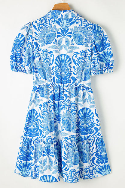 Sky Blue Retro Floral Print Drawstring Waist Ruffled Mini Dress 🇺🇸
