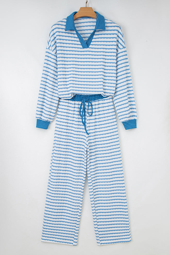 Sky Blue Stripe Collared Pullover Top and Drawstring Pant Set 🇺🇸