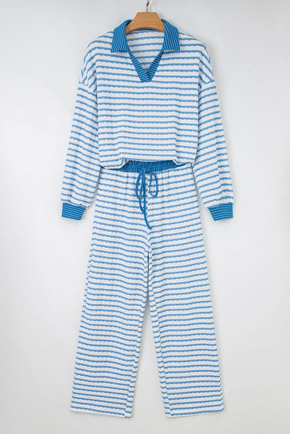 Sky Blue Stripe Collared Pullover Top and Drawstring Pant Set 🇺🇸