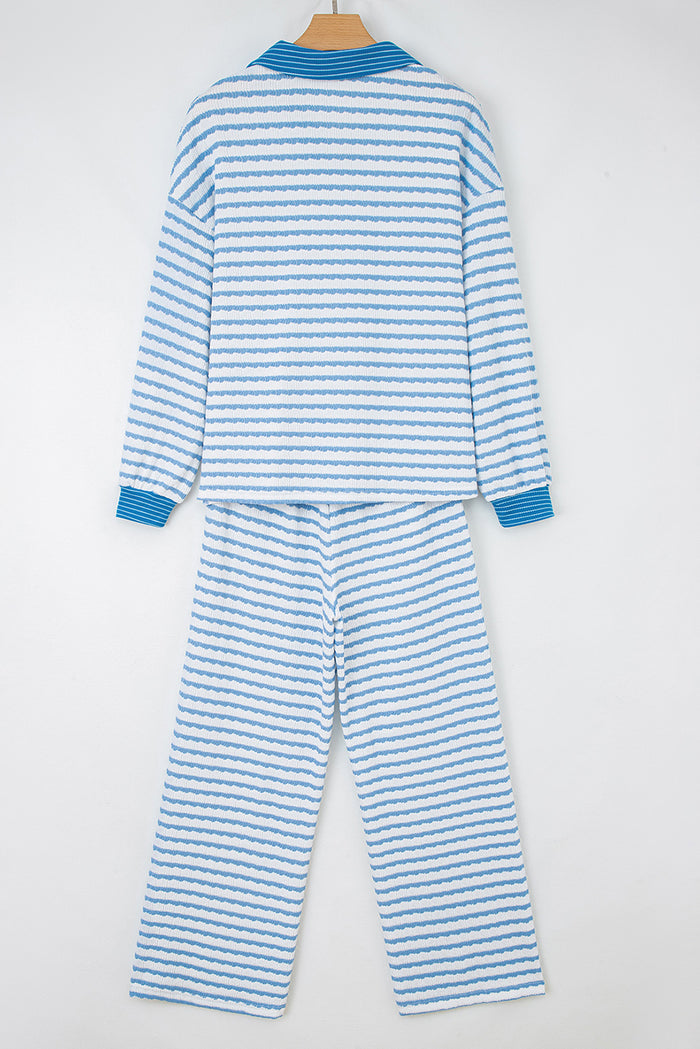 Sky Blue Stripe Collared Pullover Top and Drawstring Pant Set 🇺🇸