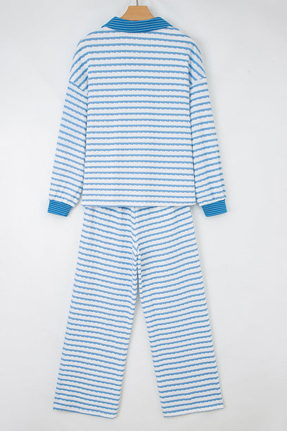 Sky Blue Stripe Collared Pullover Top and Drawstring Pant Set 🇺🇸