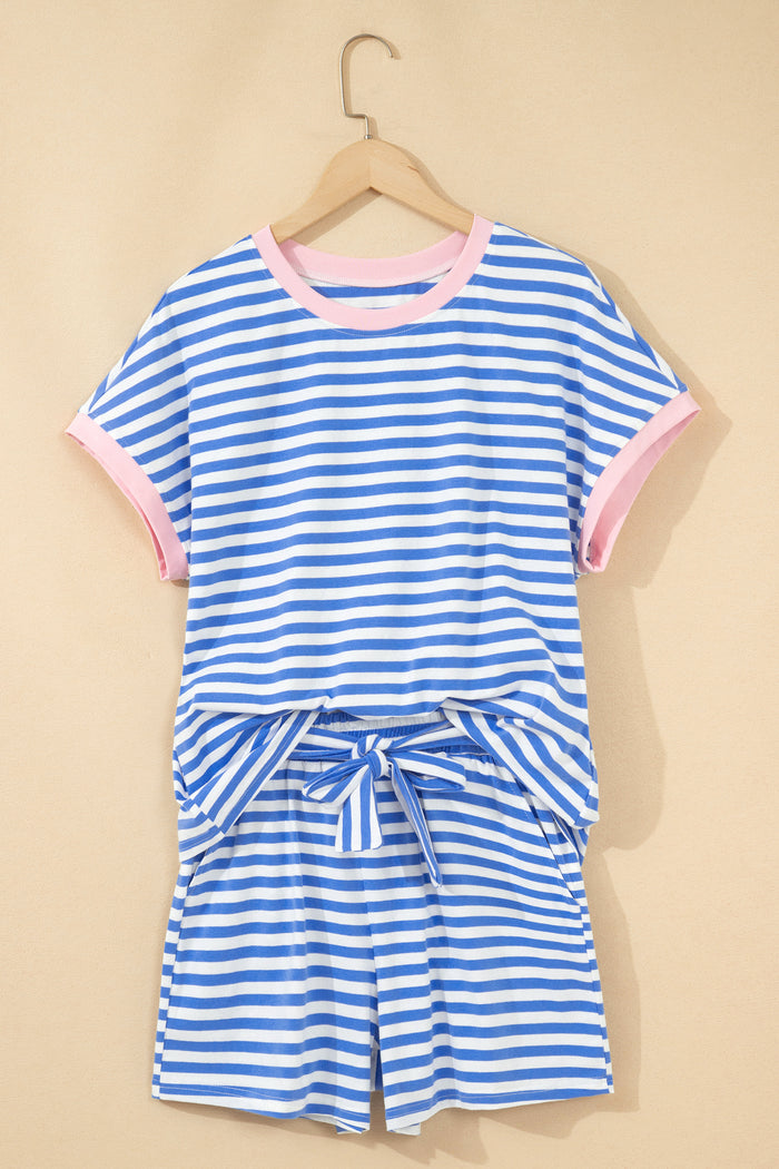 Sky Blue Stripe Contrast Trim Crew Neck Tee Knot Shorts 2pcs Set 🇺🇸