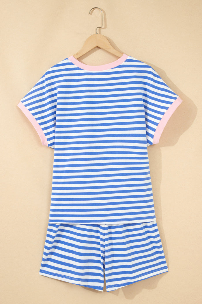 Sky Blue Stripe Contrast Trim Crew Neck Tee Knot Shorts 2pcs Set 🇺🇸