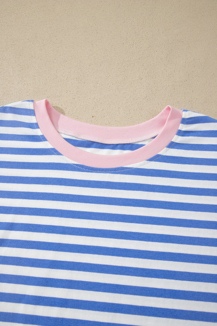 Sky Blue Stripe Contrast Trim Crew Neck Tee Knot Shorts 2pcs Set 🇺🇸