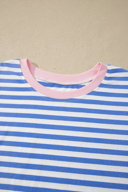 Sky Blue Stripe Contrast Trim Crew Neck Tee Knot Shorts 2pcs Set 🇺🇸
