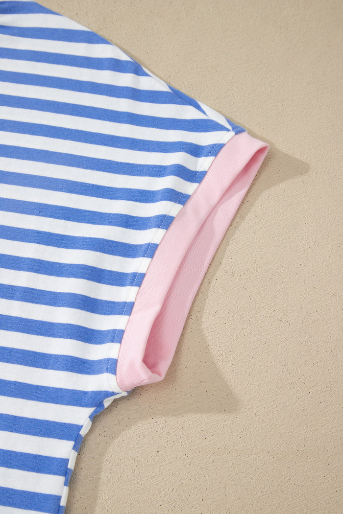 Sky Blue Stripe Contrast Trim Crew Neck Tee Knot Shorts 2pcs Set 🇺🇸