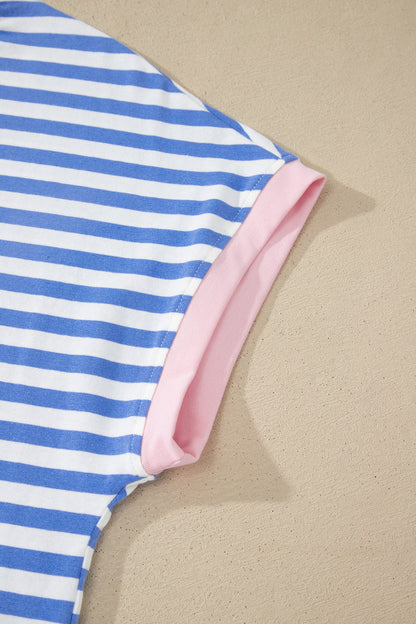Sky Blue Stripe Contrast Trim Crew Neck Tee Knot Shorts 2pcs Set 🇺🇸