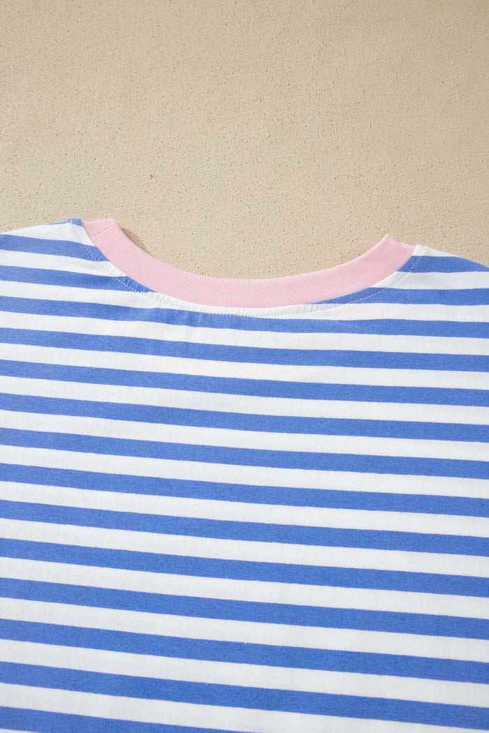 Sky Blue Stripe Contrast Trim Crew Neck Tee Knot Shorts 2pcs Set 🇺🇸