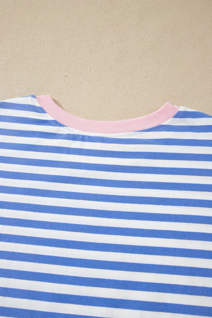 Sky Blue Stripe Contrast Trim Crew Neck Tee Knot Shorts 2pcs Set 🇺🇸