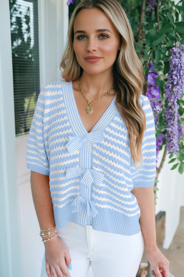 Sky Blue Stripe Short Sleeve Knit V Neck Bow Knot Sweater 🇺🇸