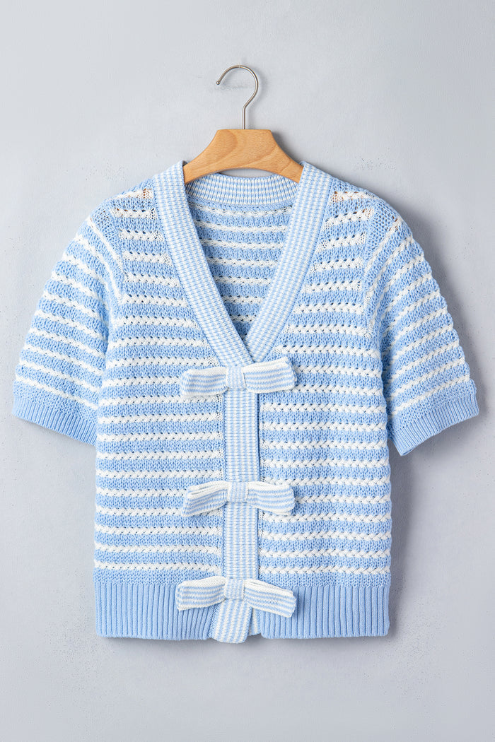 Sky Blue Stripe Short Sleeve Knit V Neck Bow Knot Sweater 🇺🇸