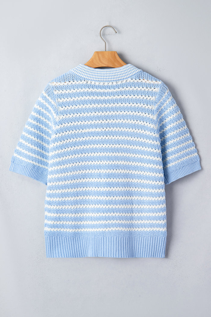 Sky Blue Stripe Short Sleeve Knit V Neck Bow Knot Sweater 🇺🇸
