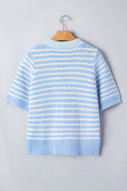 Sky Blue Stripe Short Sleeve Knit V Neck Bow Knot Sweater 🇺🇸