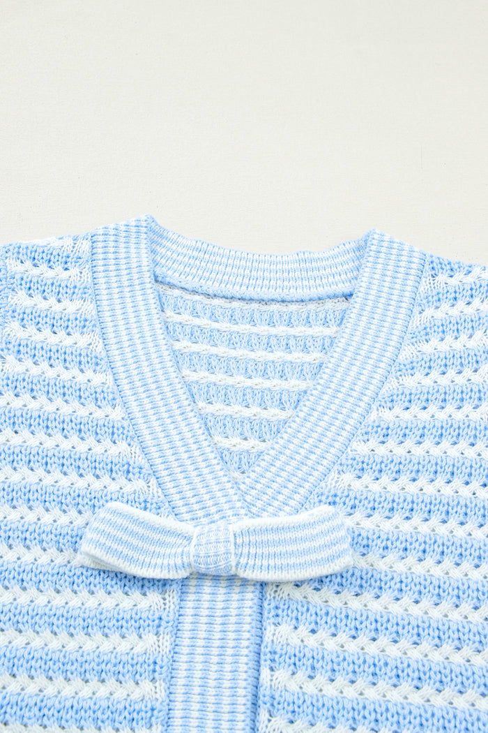 Sky Blue Stripe Short Sleeve Knit V Neck Bow Knot Sweater 🇺🇸
