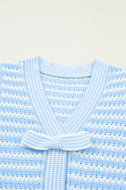 Sky Blue Stripe Short Sleeve Knit V Neck Bow Knot Sweater 🇺🇸
